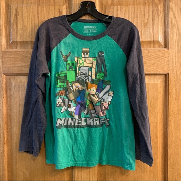 Vtg Official Mojang Minecraft Jinx 3/4 Sleeve Jersey T-Shirt Youth XL Green Gray - Picture 1 of 5